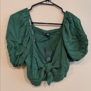 wild fable Forest Green Puff Sleeve Tie-Front Crop Top